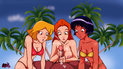 1boy 3girls 8:7 alex_(totally_spies) ambiguous_nudity areolae big_penis bikini black_hair blonde_hair blue_eyes brown_eyes cloud clover_(totally_spies) cum cum_on_breasts dark-skinned_female dark-skinned_male dark_skin exposed_breasts female_focus green_eyes group handjob human interracial male_pov nickelodeon no_bra no_shirt pale_skin palm_tree palm_trees pixiv pov red_hair sam_(totally_spies) sam_simpson sky straight surprised swimsuit swimwear thewink totally_spies trio unseen_male_face