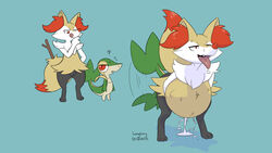 3_toes ambiguous_gender ambiguous_penetrating ambiguous_penetrating_female anal anal_sex anal_vore anthro anthro_on_anthro anthro_penetrated anthro_penetrating anthro_penetrating_anthro anthro_pred anthro_prey belly big_belly bodily_fluids braixen cum cum_in_ass cum_inside cum_on_ground duo female female/ambiguous female_penetrated full_belly genital_fluids half-closed_eyes larger_penetrated longlevy looking_pleasured narrowed_eyes nintendo open_mouth penetration pokemon pokemon_(species) simple_background size_difference snivy standing stomach_bulge sweat sweatdrop teeth toes tongue tongue_out video_games vore