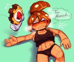 2020 abs anthro blush breasts brown_hair cookie_run cookie_run_ovenbreak cosmos_gear croissant_cookie english_text female female_only muscular_female navel nipple_slip nipples panties paper_megane ponytail sweat sweating sweaty tank_top text water water_bottle