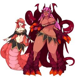 2girls animal_hands animal_legs belly crossover hourglass_figure huge_breasts jabberwock_(monster_girl_encyclopedia) lamia long_hair miia_(monster_musume) monster_girl monster_girl_encyclopedia monster_musume_no_iru_nichijou rtil snake_girl