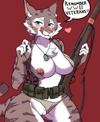 2019 4_fingers alternate_version_at_source anthro areola belly belt blush bra breasts chest_tuft claws clothing_aside countershading dialogue dipstick_tail dog_tags english_text eyebrows eyelashes felid feline female fingers fur furry genitals green_eyes gun harness heart holding_object holding_weapon josun large_breasts looking_at_viewer lynx mammal military multicolored_body multicolored_fur multicolored_tail nipples nude panties panties_aside pussy ranged_weapon red_background rifle simple_background skimpy smile soldier solo speech_bubble standing striped_body striped_fur stripes text thick_thighs tongue tuft underwear underwear_aside warrior weapon white_countershading zeha