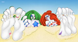 barefoot big_feet boobsy_(miycko) breasts clown clown_girl clussy_fever duo feet female foot_fetish large_breasts miycko sand soles sparkles_(miycko) toe_ring