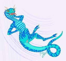 2020 anthro blue_body female flat_chested forked_tongue foxymcloxy full-length_portrait genitals hi_res horn long_tail lying nude on_back portrait primal_rage pussy reptile scalie solo stripes tongue tongue_out vertigo_(primal_rage)