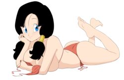 black_hair blue_eyes bra_down caisama dragon_ball dragon_ball_z feet feet_up female_only large_breasts laying_on_stomach looking_at_viewer pigtails posing red_panties shounen_jump smiling solo swimsuit the_pose twintails videl