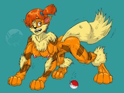 4:3 alternate_species anthro arcanine blue_eyes breasts digitigrade female fur green_background gym_leader misty_(pokemon) nintendo nipples nolaf nude orange_body poke_ball pokemon pokemon_(species) simple_background solo transformation video_games