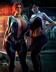 2girls 3d absurd_res areolae breasts cd_projekt_red cleavage curvy cyberpunk erect_nipples female female_only fringilla_vigo green_eyes hand_on_hip hi_res huge_breasts nipple_bulge nipples realistic red_hair standing stevencarson the_witcher the_witcher_(series) the_witcher_2 the_witcher_3:_wild_hunt triss_merigold