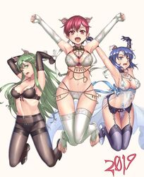 2019 3girls alba black_lingerie blue_hair cat_ears catria_(fire_emblem) embarrassed est_(fire_emblem) female female_only fire_emblem fire_emblem:_mystery_of_the_emblem fire_emblem:_shadow_dragon_and_the_blade_of_light gloves green_hair jewelry jumping lingerie palla_(fire_emblem) pantyhose red_hair see-through underwear white_lingerie