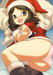 2020 animal_crossing animal_crossing_girl ass bag breasts brown_eyes brown_hair christmas cleavage covered_breasts happy mob_face muramasa_mikado murana_(muramasa_mikado) nintendo only_player panties pantyshot pink_panties santa_costume santa_hat thick_thighs thighs upskirt villager_(animal_crossing)