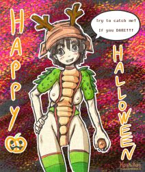 black_eyes black_hair blush breasts costume dragon dragon_ball dragon_ball_gt dragon_ball_z english_text halloween halloween_costume horn hoshiko looking_at_viewer pan_(dragon_ball) small_breasts text