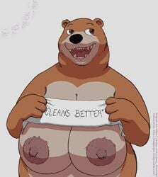 badgengar bear brown_eyes brown_fur charmin charmin_bear female feral_only furry huge_breasts large_areolae lazzzy_drawings milf sagging_breasts slightly_chubby smiling solo ursid ursine writing