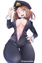 1girls bodysuit breasts camie_utsushimi favorite female female_only hat hero_outfit_(mha) hi_res high_resolution hotvr large_breasts my_hero_academia navel open_clothes peaked_cap shiketsu_high_school_cap solo unzipped watermark wrist_cuffs