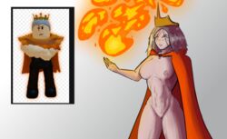 1girls areolae artist_request belly_button breasts cape crown female female_only fire grey_hair looking_at_viewer medium_breasts medium_hair navel nipples nude nude_female orange_cape pale-skinned_female pale_skin queen_david roblox robloxian simple_background solo solo_female stomach thighs white_background world_of_magic