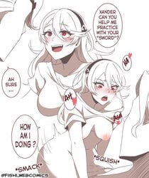 blush breasts breasts_out corrin_(fire_emblem) corrin_(fire_emblem)_(female) cuddlephish0 dialogue english_text female fire_emblem fire_emblem_fates fishi_webcomics medium_breasts nintendo nipples partially_clothed red_eyes riding sex shirt_lift text xander xander_(fire_emblem)