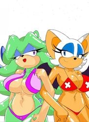 anthro archie_comics big_breasts bikini breasts breezie_the_hedgehog breezie_the_hedgehog_(archie) chiropteran clothed clothing colored duo eulipotyphlan female hair hedgehog lifeguard mammal membrane_(anatomy) membranous_wings monochrome rouge_the_bat simple_background sonic_(series) sonic_the_hedgehog_(archie) sonic_the_hedgehog_(comics) sonic_the_hedgehog_(series) superbunnygt swimwear video_games wings