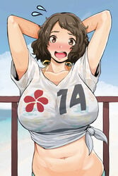 41_(taskmaster41) big_breasts bikini bikini_top blush brown_hair highres open_mouth persona persona_5 sadayo_kawakami shirt surprised swimsuit swimwear wet_shirt