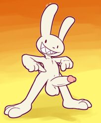 2020 3_toes 4_fingers anthro balls big_balls big_ears big_penis black_eyes casual casual_exposure dot_eyes erection exposed_penis fingers fur genitals gesture glans gradient_background grin hi_res humanoid_genitalia humanoid_penis lagomorph leporid looking_at_viewer male male_only mammal max_(sam_and_max) nudist orange_background penis pink_glans pink_nose pointing pointing_at_penis rabbit sam_and_max sharp_teeth simple_background smile solo spread_legs spreading standing tan_balls tan_body tan_fur tan_penis teeth toes ultilix yellow_background