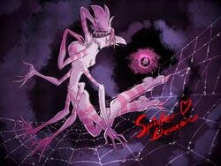 1boy 6_arms angel_dust_(hazbin_hotel) arachnid arthropod breasts demon eyes_closed femboy fluffy hand_on_breast hand_on_head hazbin_hotel moon multi_arm multi_limb multicolored_fur night nude pink_stripes sharp_teeth solo solo_male spider spider_web vivienne_medrano web white_fur