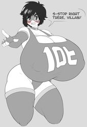 10t 1girls blush cleavage female greyscale hourglass_figure leotard monochrome my_hero_academia nipple_bulge notsenpaistatic short_hair solo superheroine thick_thighs thighhighs