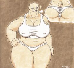 bear behind_view bra cameltoe fur hand_on_hip huge_ass huge_breasts looking_at_viewer milf mitabi nipples_visible_through_clothing orange_eyes overweight polar_bear scar scar_across_eye slightly_chubby smile tight_clothing ursid ursine white white_hair white_panties