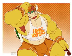 anthro armpit_hair backwards_baseball_cap beard bonicfan123 bowser bulge facial_hair flufflecraft furry gay hand_on_head himbo_hooters horns looking_at_viewer male male_only mario_(series) moustache nintendo shell shirt shorts sitting sitting_down solo spiky_shell sunglasses_removed wristbands