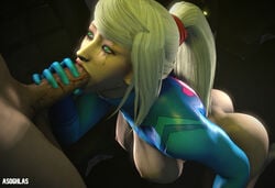 1boy 1girls 3d asoghlas blonde_hair fellatio long_penis looking_at_another mascara metroid nintendo oral pale-skinned_female ponytail running_mascara runny_makeup samus_aran sarah_bryant_(model) tagme