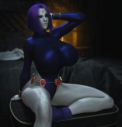 1girls 3d banskinator breasts cleavage dc dc_comics female female_only forehead_jewel grey_skin huge_breasts leotard looking_at_viewer purple_hair rachel_roth raven_(dc) teen_titans thick_thighs urbanator