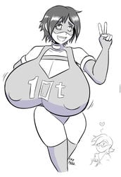 10t 1girls cleavage female greyscale huge_breasts leotard looking_at_viewer lucy_fuchs monochrome my_hero_academia nipple_bulge peace_sign short_hair simple_background skin_tight solo source_request thighhighs white_background