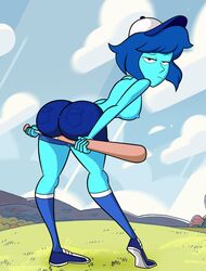 1girls ass baseball_bat baseball_cap bent_over blue_hair blue_shorts blue_skin cartoon_network edit female female_focus gem_(species) grimphantom hit_the_diamond_(steven_universe) jean_shorts lapis_lazuli_(bob) lapis_lazuli_(steven_universe) missing_gem pantylines pinup raised_eyebrow shorts steven_universe