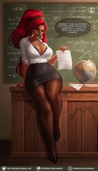 1girls big_breasts big_nose blue_lipstick breasts breath_of_the_wild classroom cleavage clothed clothing curvaceous curvy dark-skinned_female dark_skin desk english english_text female female_focus female_only femdom gerudo green_eyes hips hoop_earrings hyrule_warriors:_age_of_calamity large_breasts legs long_hair looking_at_viewer luminyu miniskirt nintendo open_clothes open_shirt pantyhose pencil_skirt pointy_nose red_hair redhead school solo solo_focus tagme taller_female tan_skin teacher teasing the_legend_of_zelda thick_thighs thighs urbosa very_long_hair