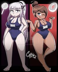 2girls asahina_aoi barefoot big_breasts camtoons danganronpa danganronpa:_trigger_happy_havoc donut female female_only kirigiri_kyouko magnifying_glass multiple_girls one-piece_swimsuit standing straight_hair swimsuit thin_waist wink