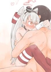 1boy amatsukaze_(kantai_collection) arms_around_neck blush enjaku_izuku female gloves grey_hair highres hug kantai_collection leg_lock long_hair lotus_position nude orange_eyes sex single_glove smoke smokestack_hair_ornament straddling straight sweat thighhighs upright_straddle