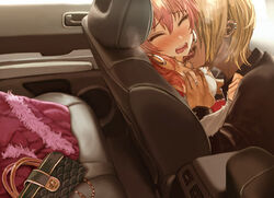 1boy 1girls blonde_hair car car_interior earrings fondling groping gyaru idolmaster idolmaster_cinderella_girls jougasaki_mika kogal licking pink_hair red_hair sitting sitting_in_the_car