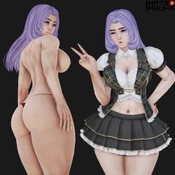 3d abs big_ass big_breasts character_sheet cleavage eyelashes honey_select ihateasuka lipstick long_hair long_nails makeup nails original_character pale-skinned_female pale_skin peace_sign purple_eyes purple_hair red_panties simple_background skirt studio_neo thick_eyebrows thick_thighs thong tongue tongue_out voluptuous