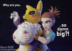 3d anthro bacn big_breasts black_sclera blush breast_envy breast_grab breast_squish breasts canid canine clothed clothing dialogue digimon digimon_(species) duo english_text female female/female fox fur hand_on_breast human human_on_anthro interspecies mammal nipples nude open_mouth renamon renamon_(bacn) rika_nonaka simple_background size_talk squish surprise text white_body white_fur yellow_body yuri