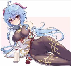 1girls big_breasts blue_hair blush blushing_at_viewer bodysuit ganyu_(genshin_impact) genshin_impact horn horns hoyoverse light-skinned_female light_skin looking_at_viewer mihoyo milk pomp_(qhtjd0120) sexually_suggestive tight_clothes tight_clothing