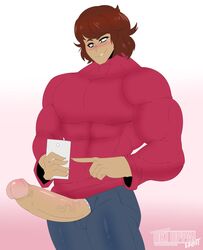 big_penis brown_hair glasses green_eyes jakey_(nerdyboi) jeans male_only muscles muscular muscular_male oc okioppai original_character penis penis_through_fly phone smirk sweater twitter