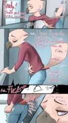 2020 anthro ass avian beak bird bodily_fluids bottomwear breasts clothed clothing comic denim denim_clothing detailed_background english_text feathers female genital_fluids half-closed_eyes hi_res holding_crotch inside jeans long_sleeves narrowed_eyes non-mammal_breasts nopetrol omorashi pants peeing peeing_self pink_body pink_feathers profanity shirt sigh solo standing text topwear urine wet wet_clothing wetting wide_eyed