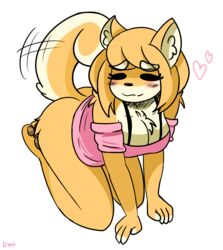 all_fours anthro blush blushing bottomless butterscotch_(peargor) canid canine canis canis_lupus_familiaris darkwolfhybrid dog domestic_dog female four_fingers heart hearts hindpaw mammal motion_lines pantsless pawpads pink_shirt shiba_inu short_hair signature smile smiling solo solo_female spitz tail tailwag wagging_tail white_background