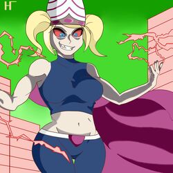 big_ass big_butt blonde blonde_hair blue_eyes breast bubbles_(powerpuff_girls) cartoon_network fanart female hugotaker muscular_female pants powerpuff_girls smile