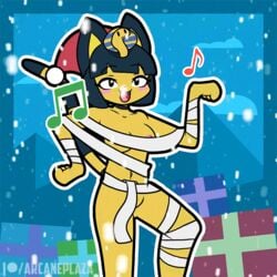 animal_crossing animated ankha arcaneplaza bandage blue_hair blush breasts capreoline cervid christmas christmas_clothing christmas_headwear clothing convenient_censorship covering covering_crotch covering_pussy dancing felid feline female fur gift hair hat headgear headwear holidays mammal musical_note nintendo nipples nude open_mouth reindeer santa_hat sleigh solo video_games yellow_body yellow_fur