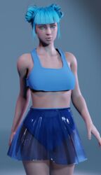 1girls 3d alternate_version_available blender blue_hair blue_moon_(cyberpunk_2077) catcherrye cd_projekt_red clothed clothes clothing cyberpunk_2077 female female_only fully_clothed light-skinned_female skimpy_clothes skirt solo transparent_clothing