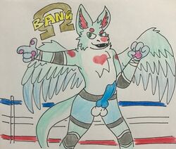 angel_dragon anthro arousal balls blue_body blue_fur dirtycold_(artist) dragon dutch_angel_dragon elbow_pads erection fighting_ring fur genitals green_eyes hart_the_dutchie hi_res knee_pads knot male red_body red_fur solo white_body white_fur wings wrestling