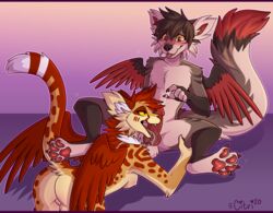 2020 4_toes 5_fingers anthro anthro_on_anthro black_hair canid canine cheetah citrinelle feathered_wings feathers felid feline female fingers fox hair hi_res hybrid king_cheetah letterbox male mammal open_mouth red_eyes smile straight teeth toes tongue wings