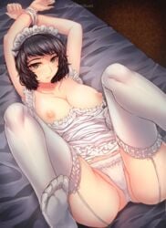 1girls arms_behind_head arms_up atlus bed bondage bound_wrists breasts breasts_out brown_eyes brown_hair female female_only femsub foot_focus maid maid_headdress maid_uniform no_shoes on_back panties persona persona_5 sadayo_kawakami shin_megami_tensei spread_legs stockings watermark white_panties yaoto