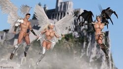 1boy 2girls 3d aaron_(taziota) angel angel_boy angel_girl angel_wings ass athletic athletic_female big_breasts bimbo black_wings blonde_hair breasts busty cleavage dark_hair demon demon_girl female genavieve hair highres hourglass_figure large_breasts legs light-skinned_female light-skinned_male light_skin male muscles muscular muscular_male navel short_hair silver slushe_(website) stockings straight taziota thighs valkyrie voluptuous watermark white_wings wings