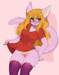 anthro beige_fur blush cleavage cute_fang cute_fangs dress_lift fangs felin feline female fredek666 glasses green_eyes no_panties open_mouth orange_hair original_character pink_fur pink_thighhighs presenting_pussy pussy red_dress round_glasses smile solo thighhighs two_tone_fur