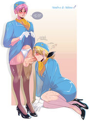 2020 2boys androgynous ascot balls blonde_hair blowjob blush clothed_sex clothing crossdressing dead_or_alive dialogue earrings english_text fellatio femboy feminine_male flight_attendant gay genderswap genderswap_(ftm) girly gloves helena_douglas high_heels honoka_(doa) human human_only light-skinned_femboy light-skinned_male light_skin male male_only oral penis pink_hair quickie rule_63 skirt_lift speech_bubble stewardess stewardess_uniform stockings sweat testicles thighhighs vogol yaoi