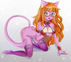 anthro beige_fur felin feline glasses melfy orange_hair original_character pink_fur pink_thighhighs smile two_tone_fur