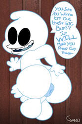 1boy ass backsack balls big_balls big_butt brain_dump cyanu dialogue digital_media_(artwork) english_text genitals ghost goofball_the_goofy_cartoon_ghost_(character) hand_on_butt hi_res humanoid looking_at_viewer looking_back male male_only non-human not_furry presenting rear_view smile solo speech_bubble spirit text toony