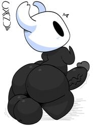 absurd_res anthro arthropod ass balls big_balls big_butt black_body black_exoskeleton blush cyanu empty_eyes erection exoskeleton featureless_hands genitals hi_res hollow_knight horn huge_balls huge_butt humanoid_genitalia humanoid_penis male male_only nude penis protagonist_(hollow_knight) rear_view simple_background solo team_cherry vessel_(species) video_games